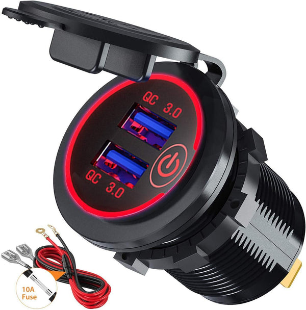 Quick Charge 3.0 Dual USB Car Charger Socket with Touch Switch 12V/24V 36W for Marine, Boat, Motorcycle, Truck, Golf