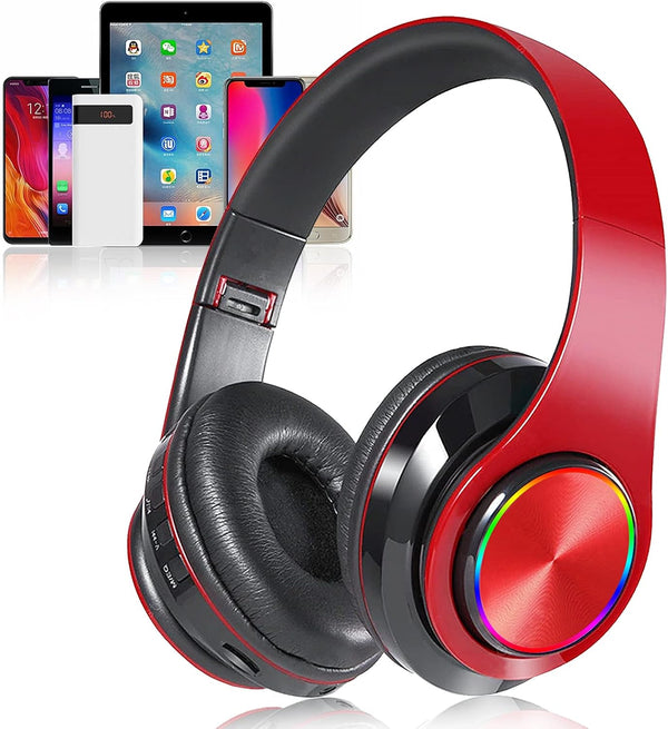 Over Ear Bluetooth Headphones, Foldable LED Stereo Headphones with Built-in Microphone, Noise-Cancelling Wireless