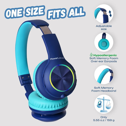 PowerLocus PLED Kids Bluetooth Headphones, Wireless with LED Lights, Safe Volume, Micro SD, AUX Cable, Hi-Fi Stereo for
