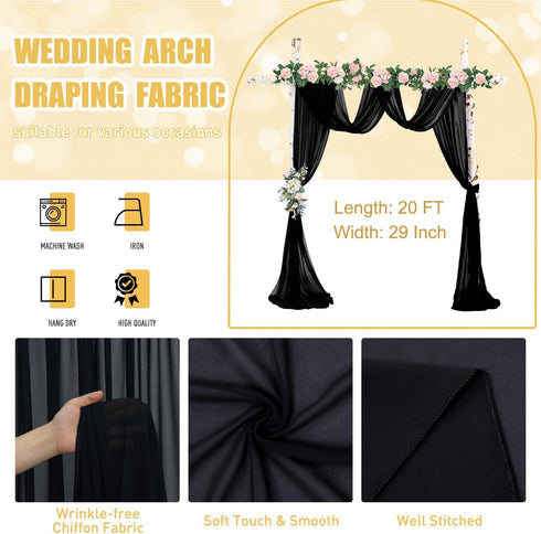 FUHSY Wedding Arch Draping Fabric, 29" x 20FT Black Sheer Curtains for Backdrop Wedding Drapery.