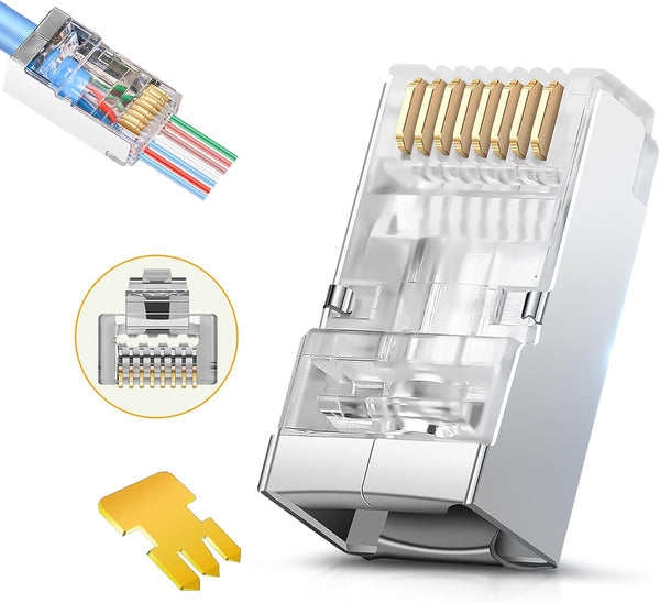 Shielded RJ45 Cat6 Cat 6A Connectors - Gold Plated Pass Through Connector 3 Prong 8P8C Modular Plugs for Ethernet Cable