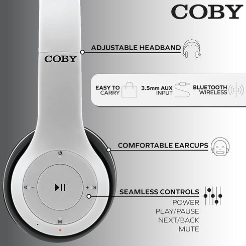 Coby Bluetooth Headphones, Wireless Over-The-Ear Foldable Headset with Mic, AUX, Rechargeable | 5-HR Play