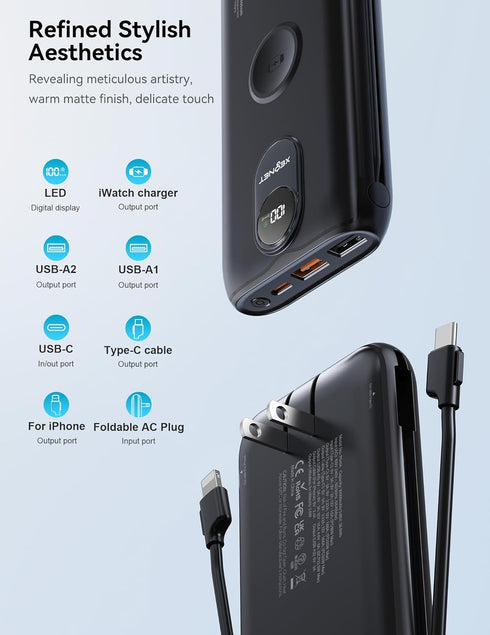 XEGNER 10000mAh 22.5W Pack 17/16, Portable Charger, Power Bank Fast Charging with Wall Plug, Built-in Cables, LED