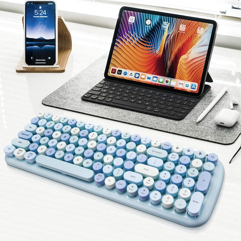 MOFII Bluetooth Wireless Keyboard, Retro Aesthetic with Colorful Round Keys, Connects 3 Devices - Blue