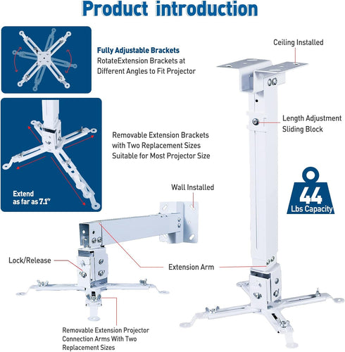 Homcine 11 13.7 Inches Projector Ceiling Wall Mount Adjustable Height from to Bracket with Extendable Arms Low Profile