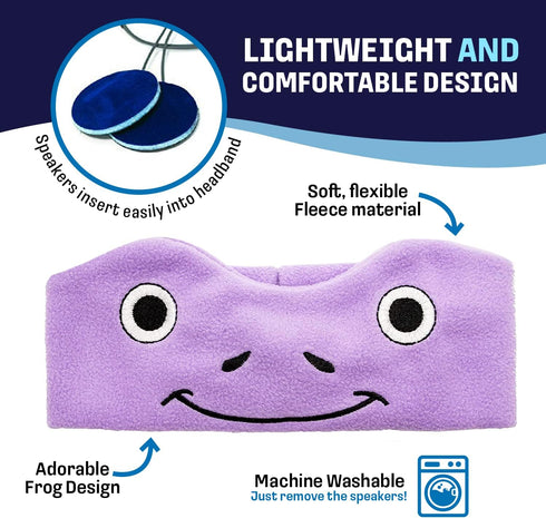 CozyPhones Kids Headphones - Purple Frog, Over Ear, Volume Limited, Thin Speakers, Super Soft Fleece Headband.