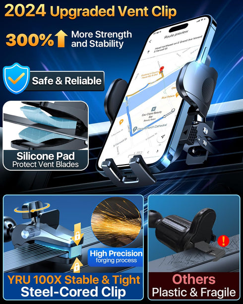 YRU 2024 Ultimate Car Phone Holder Mount, 80+LBS Safest Strongest Rotatable Suction, Dashboard Windshield for iPhone,