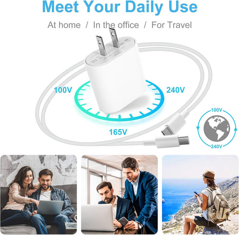 20W PD Wall Charger for iPad Pro 12.9/11, iPad Air 5/4, iPad 10, Mini 6 + 6.6ft USB C to C Charging Cable.