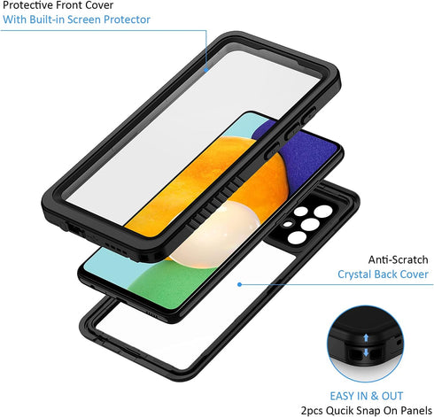 Lanhiem Case for Samsung Galaxy A52, IP68 Waterproof Dustproof with Built-in Screen Protector, Black/Clear