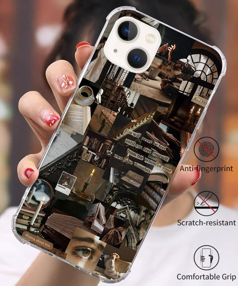 Aesthetic Collage Phone Case for iPhone 15 Plus, Vintage Old Church Books Pattern, Unique Soft TPU Bumper