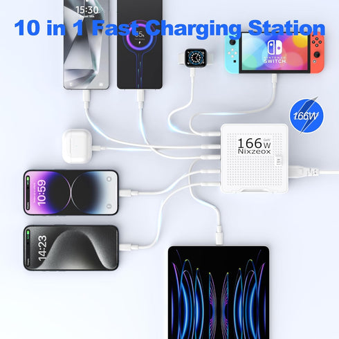 166W GaN 10-Port USB C Charging Station, PD20W QC18W Fast Charging Wall Charger for iPhone 15/14/13/12/11