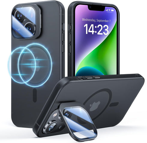 iPhone 13/14 Case, Black Military Grade Drop Protection, MagSafe Compatible, Built-in Stash Stand & Camera Lens