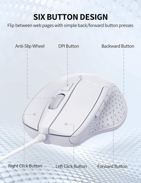TECKNET USB Wired Mouse, 6-Button Corded Mouse with 4 Adjustable DPI, Ergonomic Design for Laptop, PC, Mac (LT.White)