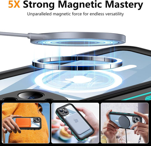 Temdan Magnetic Waterproof Case for iPhone 14 - Blue, Compatible with MagSafe, IP68 Underwater, Built-in Camera Lens &