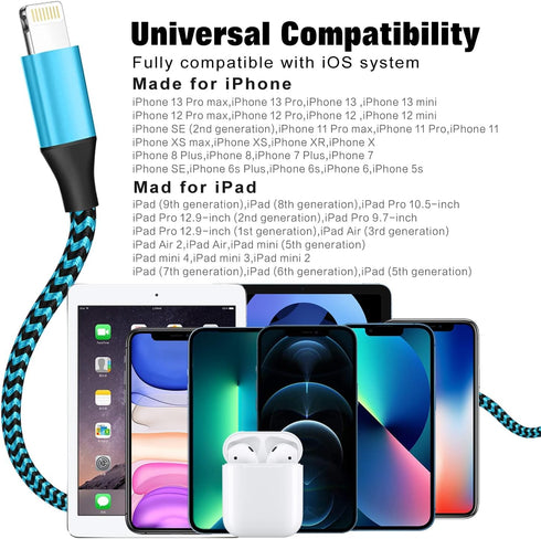 Apple MFi Certified 6FT iPhone Charger 3 Pack - Fast Charging Nylon Braided USB Lightning Cable for iPhone & iPad.