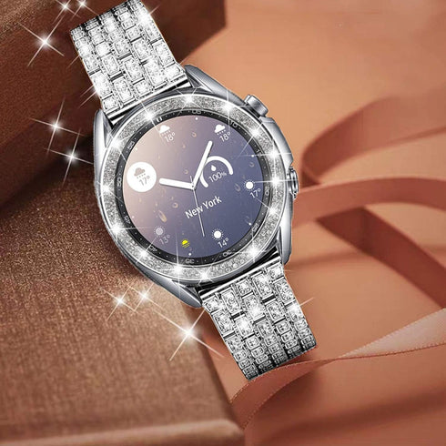 22mm Full Rhinestone Diamond Stainless Metal Strap with Bezel Ring Cover Replacement for Samsung Galaxy Watch 3 (Silver)