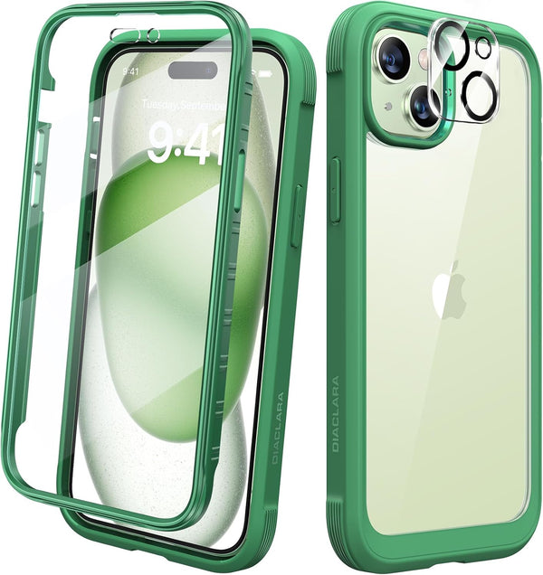 Diaclara Rugged Case for iPhone 15, Built-in Touch Sensitive Anti-Scratch Screen Protector - Green
