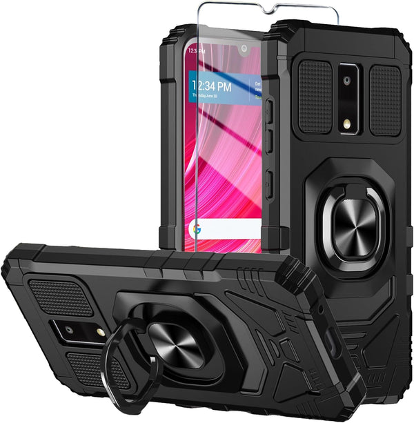 BLU View 4 Phone Case with Tempered Glass Screen Protector, Military Grade Heavy Duty, Black