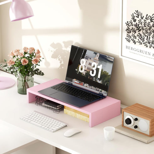 TEAMIX Pink Monitor Riser-20L inch, Wood Monitor Stand for Desk, Sturdy TV/Screen/PC/Printer/Laptop Riser,Computer Shelf with Storage TV Holder for Home Office (Pink, 20 inch)