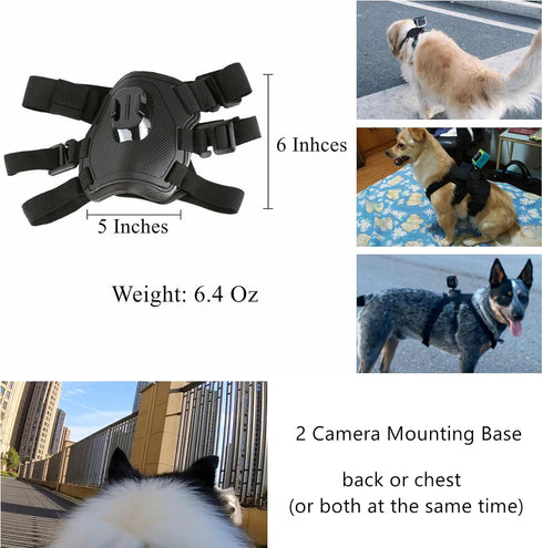 Dog Harness for GoPro, Soft Adjustable Pet Mount Vest with 2 Mounting Bases for Chest and Back Fixation, Medium Large