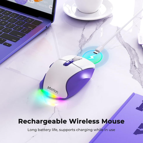 MEETION Wireless Mouse for Laptop, Ergonomic Rechargeable Mouse with USB and Bluetooth, 4 Adjustable DPI, Purple White