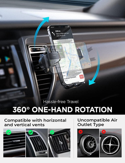 LISEN 360 Car Vent Phone Mount, Upgrade Phone Holders for Your Car Vent Wider Clamp & Metal Hook Phone Holder [Thick