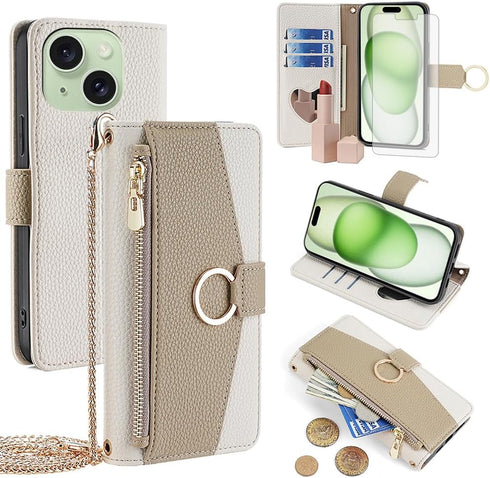 Asuwish iPhone 15 Plus Case: 6.7" Wallet Cover, Screen Protector, Mirror Flip, Card Holder, Crossbody Strap - White