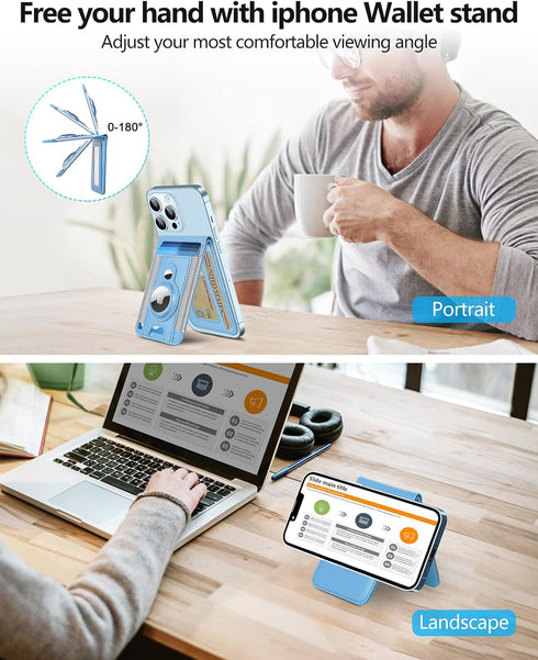 MagSafe Wallet with AirTag Holder, Magnetic Phone Wallet for iPhone 16/15/14/13/12 Series, 9 Card Holder, Light Sky Blue