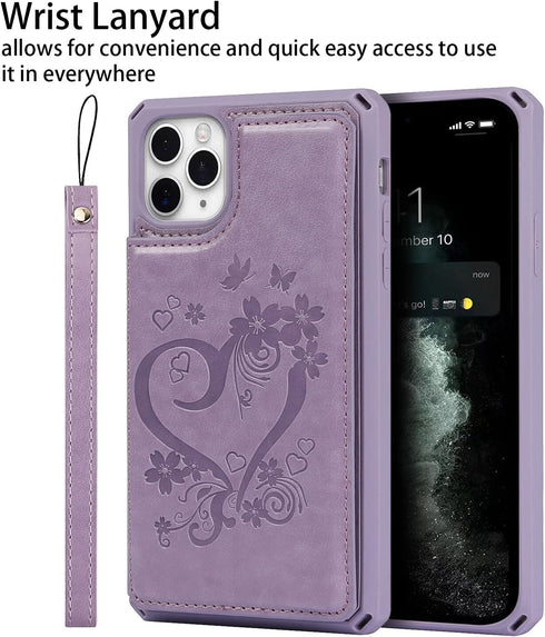 Cavor Card Holder Case for iPhone 11 Pro Max - PU Leather Shockproof Wallet with Credit Card Slots, Heart Purple