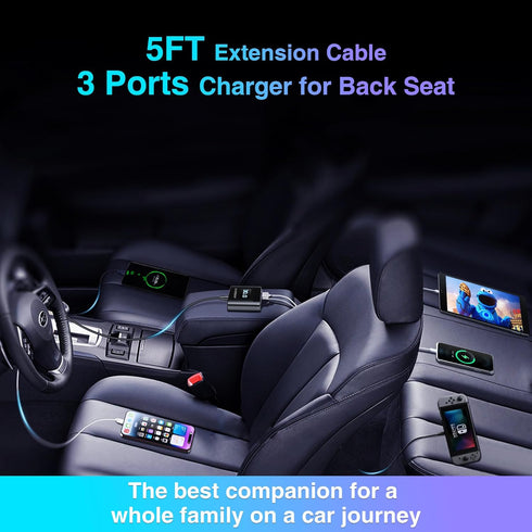kapebow 78W Fast Charging USB C Car Charger, 5 Port Charger with Voltage Display, 5FT Extension for iPhone, iPad,