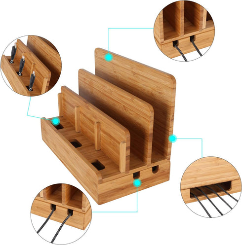Bamboo Wood Multi-Device Desktop Charging Dock Station, Compatible with iPhone Xs MAX, iPad Mini, Samsung Tablets