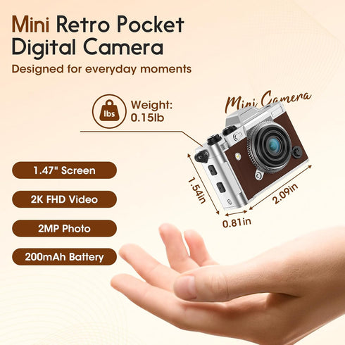 Dienspeak 16GB 2K Tiny Digital Camera, Vintage Mini Keychain Camera for Teens & Beginners, Premium Leather Portable
