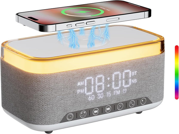 Reatsoc Alarm Clock Bluetooth Speaker with 10w Fast Wireless Charger for iPhone Samsung,