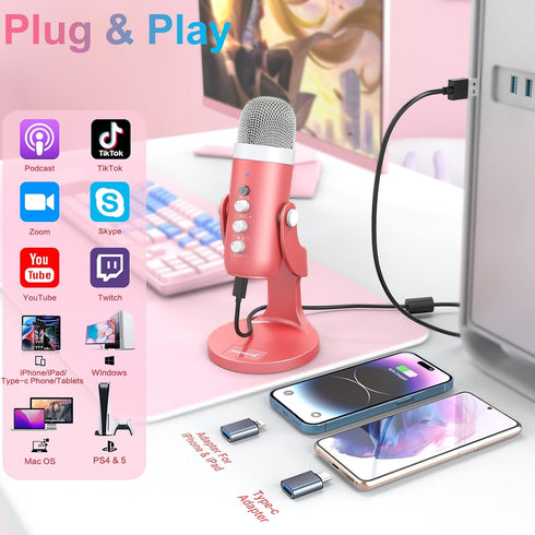 ZealSound Gaming USB Pink Microphone with Quick Mute for Phone, Computer, PC, PS5, Studio Mic with Gain Control, Echo &