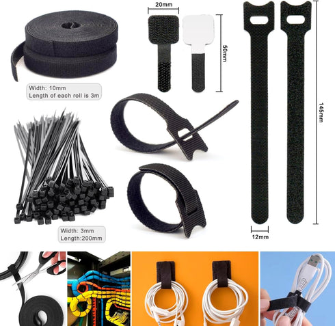 ZIIYAN 163 PCS Cable Management Kit - 3 Wire Organizer Sleeves, 8 Self Adhesive Holders, 100 Fastening Cable Ties