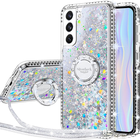 Silverback Moving Liquid Holographic Glitter Case for Samsung Galaxy S21, Kickstand, Bling Diamond Ring Slim Protective