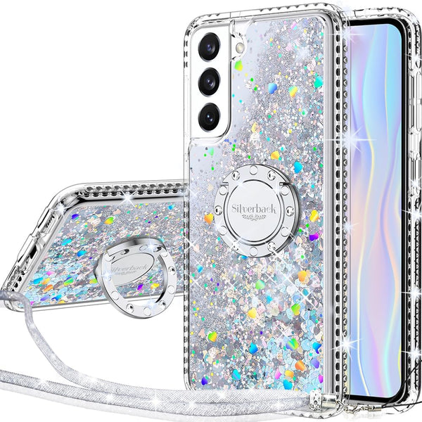 Silverback Moving Liquid Holographic Glitter Case for Samsung Galaxy S21, Kickstand, Bling Diamond Ring Slim Protective