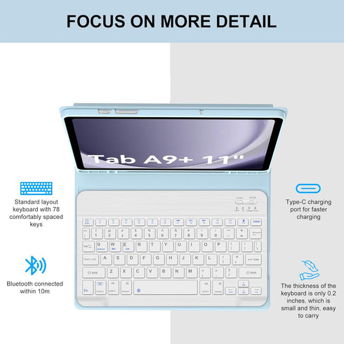 Keyboard Case for Samsung Galaxy Tab A9 Plus/A9+ 5G 11” (SM-X210/X216/X218), Detachable Wireless Bluetooth Keyboard,