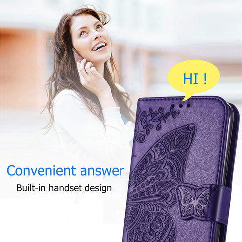 PU Leather Wallet Flip Phone Case with Wrist Strap, Card Slots Holder, Emboss Butterfly Flower Stand Case for Samsung