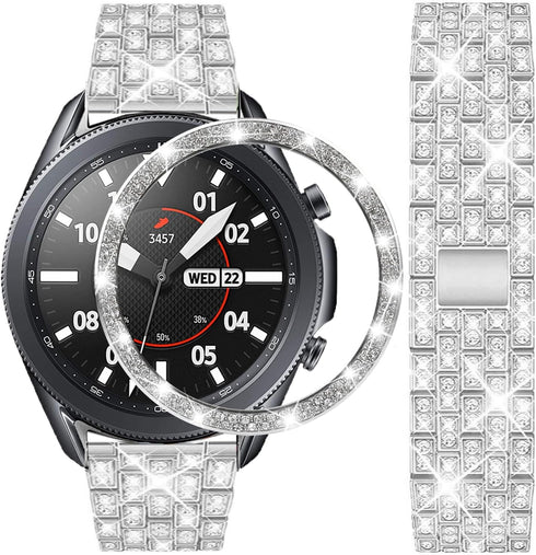 22mm Full Rhinestone Diamond Stainless Metal Strap with Bezel Ring Cover Replacement for Samsung Galaxy Watch 3 (Silver)