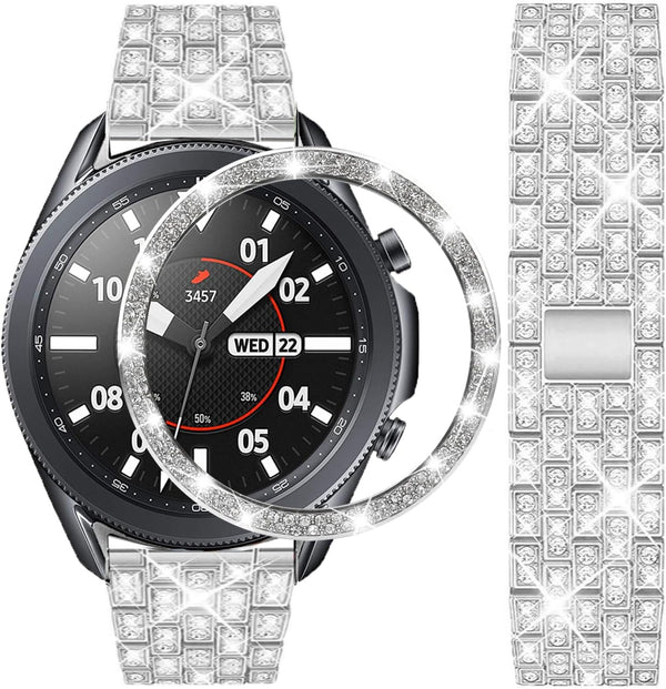 22mm Full Rhinestone Diamond Stainless Metal Strap with Bezel Ring Cover Replacement for Samsung Galaxy Watch 3 (Silver)
