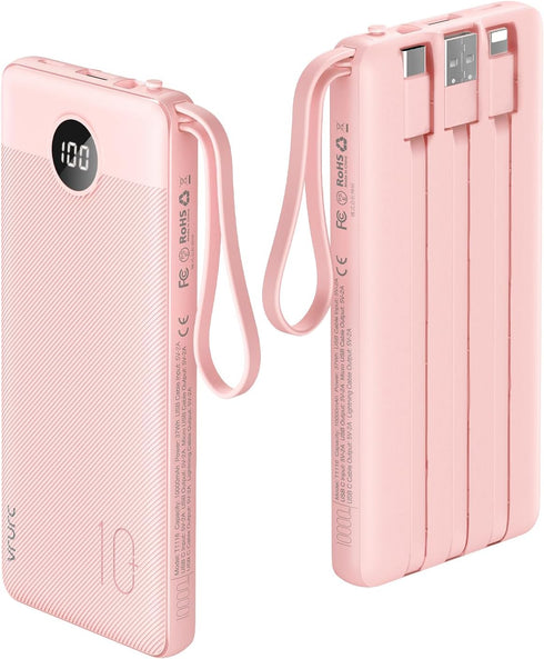VRURC Portable Charger 10000mAh Slim LED Display Power Bank with 5 Output 2 Input, Built-in Cables, Pink