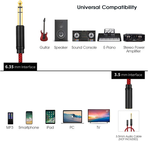 6Ft 6.35mm Male to 3.5mm Female Headphones Adapter, TRS 1/4 to 3.5mm Cord for Amplifiers, Guitar, Piano, Home Theater.