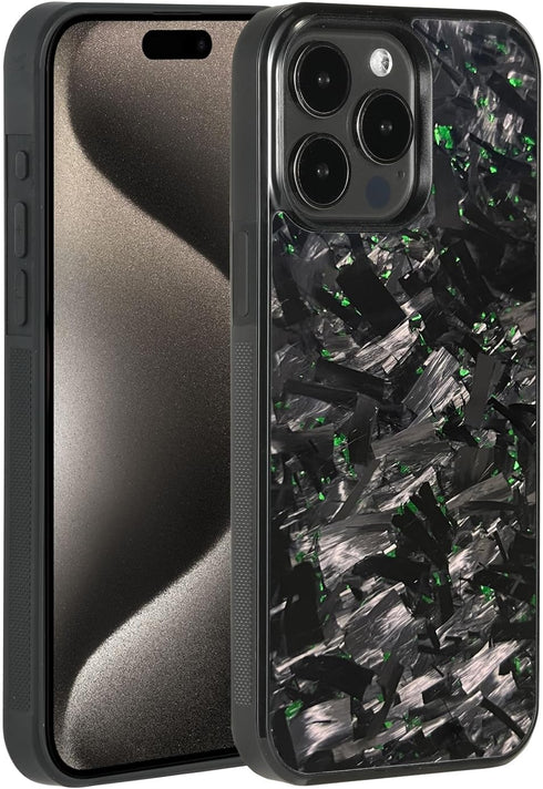 molzar Grip Series Case for iPhone 15 Pro Max with Real Forged Carbon Fiber, Glossy Black/Green
