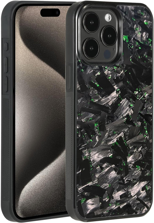 molzar Grip Series Case for iPhone 15 Pro Max with Real Forged Carbon Fiber, Glossy Black/Green