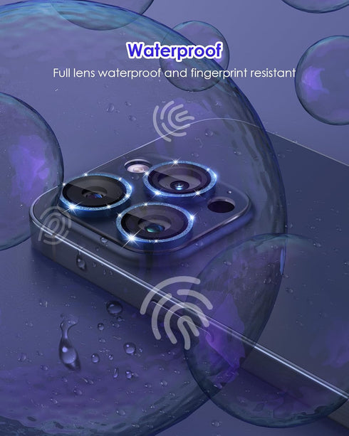 Glitter Camera Lens Protector for iPhone 15 Pro/Pro Max, Clear Acrylic Plus Aluminium Alloy Ring, 9H Tempered Glass