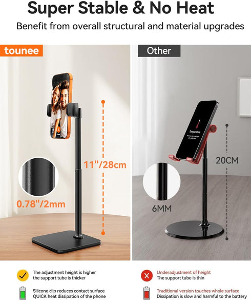 tounee 8-11" 17/16/15, 4-7" Phone Stand for Desk, Height Adjustable Cell Phone Holder for Live Streaming, Video