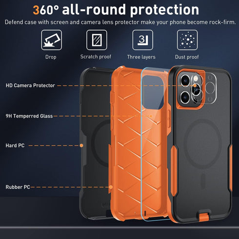 iPhone 12 Pro Max Case Cover with MagSafe, MIL-Grade Drop Tested, Tempered Glass Protector, 6.7" (Black/Orange)