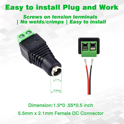 20Pcs Female 12V DC Power Connector, 5.5mm x 2.1mm Barrel Adapter for LED Light Strip CCTV Security Camera Monitoring