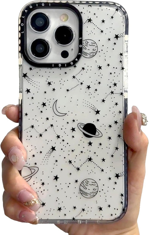 Cute Stars Cosmic Asteroid Moon Print Case for iPhone 14 Plus, Kawaii Design Girly Aesthetic Cartoon Pattern, Soft TPU,